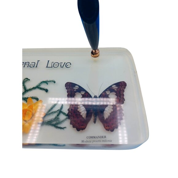 Vintage Lucite Desk 2 Pen Holder "Eternal Love" Real Butterflies & Flowers - Picture 5 of 6
